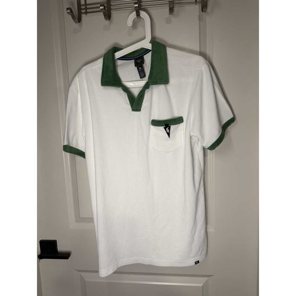 Houston White Target Mens Medium White Green Collar Terry Cloth Polo Shirt Retro